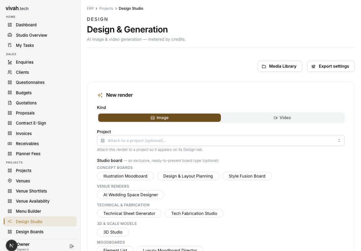 Design and Generation screen with a New render panel: image or video kind, an optional project, and studio board types.